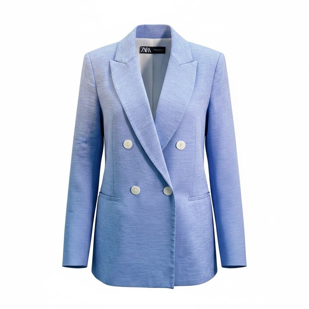 Zara Double Breasted Blazer Metalic Threads Powder Blue Preppy Extra Small